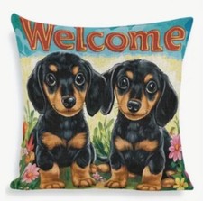 Dachshund Puppies Flowers Welcome Double Sided Throw Pillow Cover Home Decor