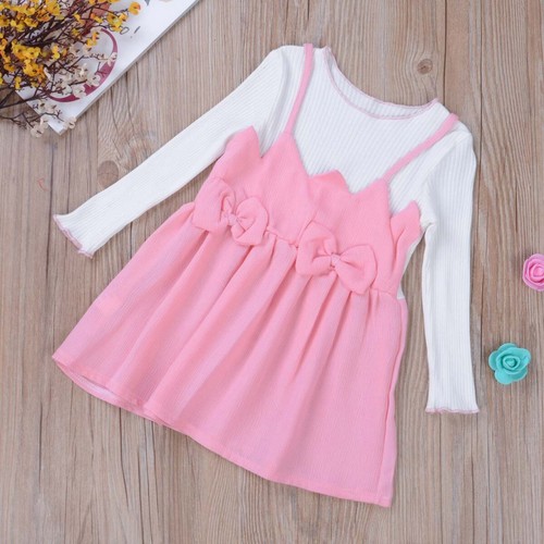 Infant Baby Girls Outfits Long Sleeve Patchwork Dress Romper Bow Skirts Clothes - Picture 3 of 9