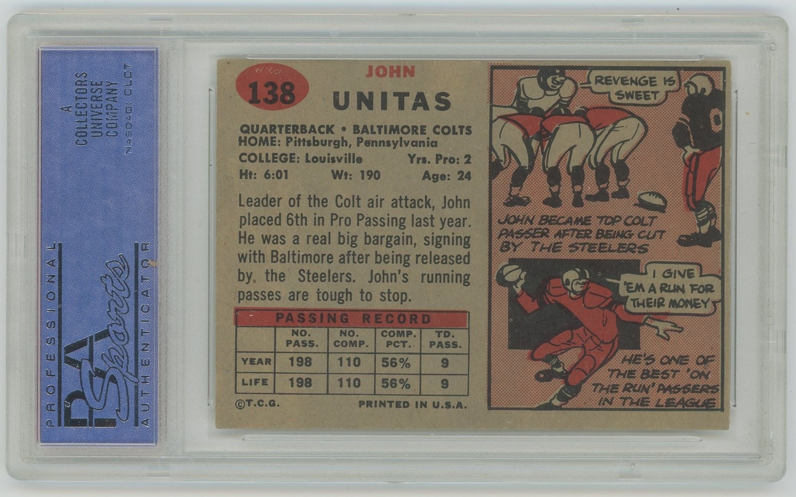 1957 Topps #138 John Unitas Rookie PSA 5 view 2