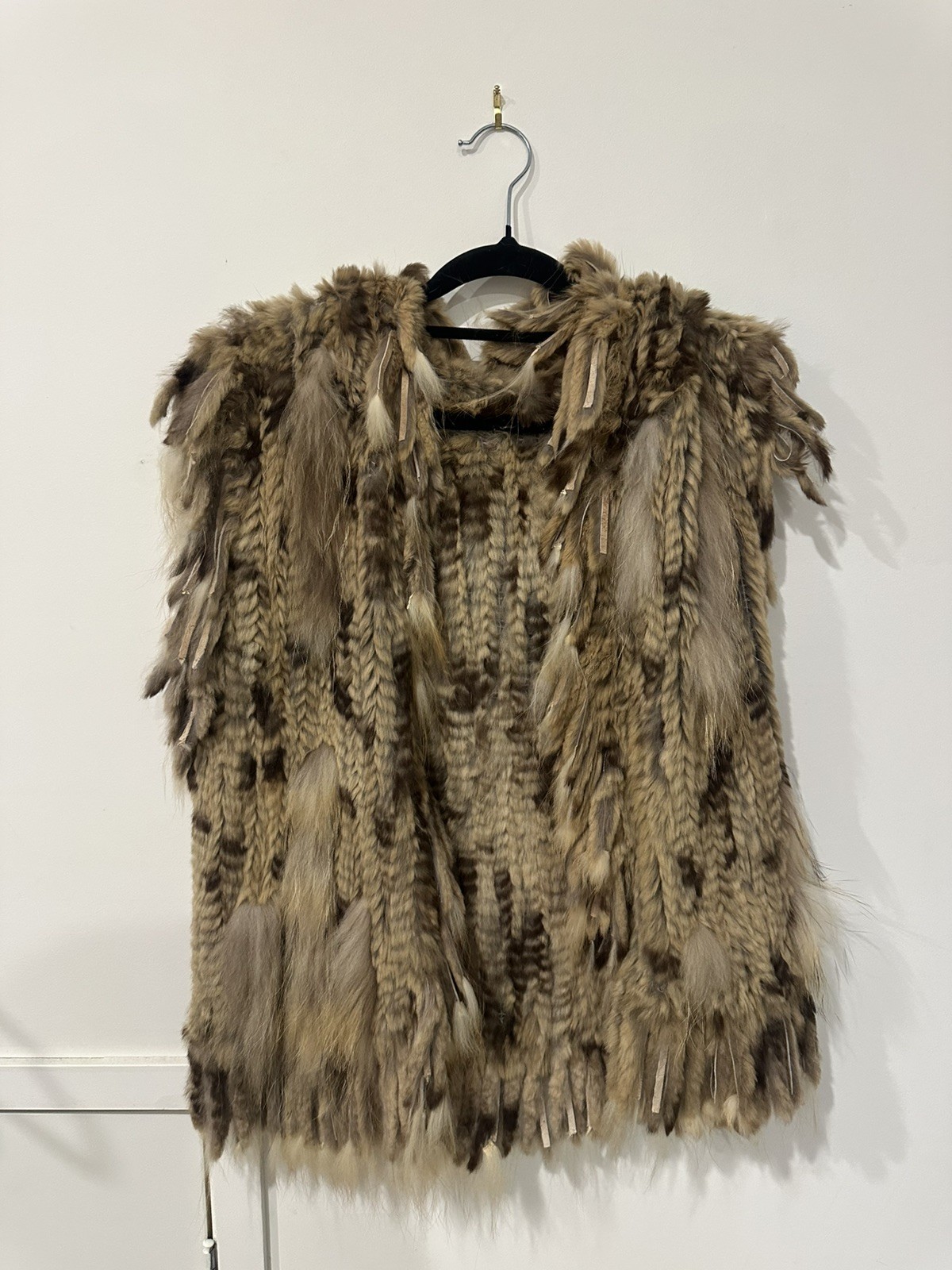Genuine Rabbit Fur Hooded Vest Gilet Brown Taupe Statement Size S RRP $299