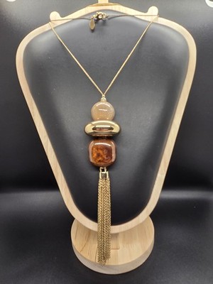 Vtg Designer Massimo Dutti Signed Gold Tone Ceramic Bead Stone Details Tassel