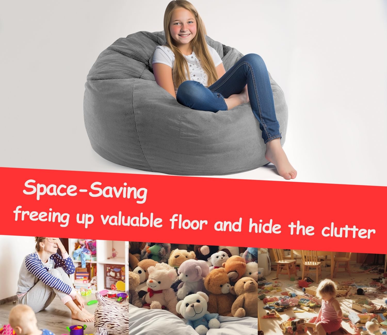 Stuffed Animal Storage Bean Bag Chair Corduroy Toy Cover Organize Plush Toys ...