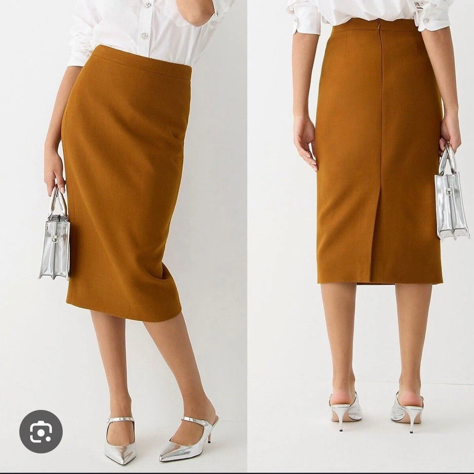 J.CREW Nº 3 Falda Lápiz Forrada Clásica Marrón Camel Doble Lana Serge Talla 2 Ss2