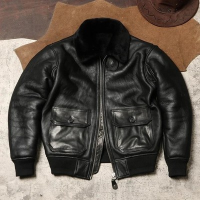 Men's Type A2 Leather Bomber Flight Jacket Black Shearling Fur Collar Lined Coat