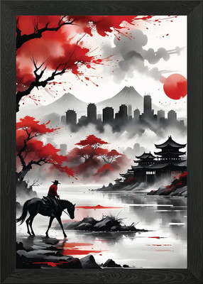 Einsamer Reiter am roten Himmel gerahmtes Wandbild Poster Leinwanddruck Bild