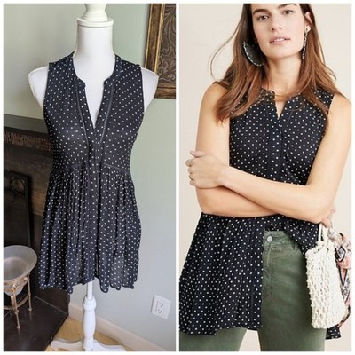Anthropologie Women's XS Midnight Blue White Polka Dot Sleeveless Button Tunic 