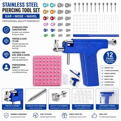 Professional Stainless Steel Piercing Gun Kit with 12 Pairs Studs