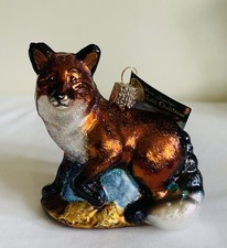 Old World Red Fox Glass Blown Glittered Christmas Ornament With Tags 12189