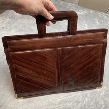 Vintage Eel Skin Leather Briefcase Portfolio Bag Brown Handled 3 Compartments