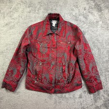 Chico's Textured Floral Jacket Snap Button Size 1 Red Colorful Art to Wear Boho