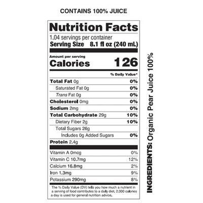 Cold Pressed Pear Juice, USDA Organic, , Kosher, 8.4 Oz