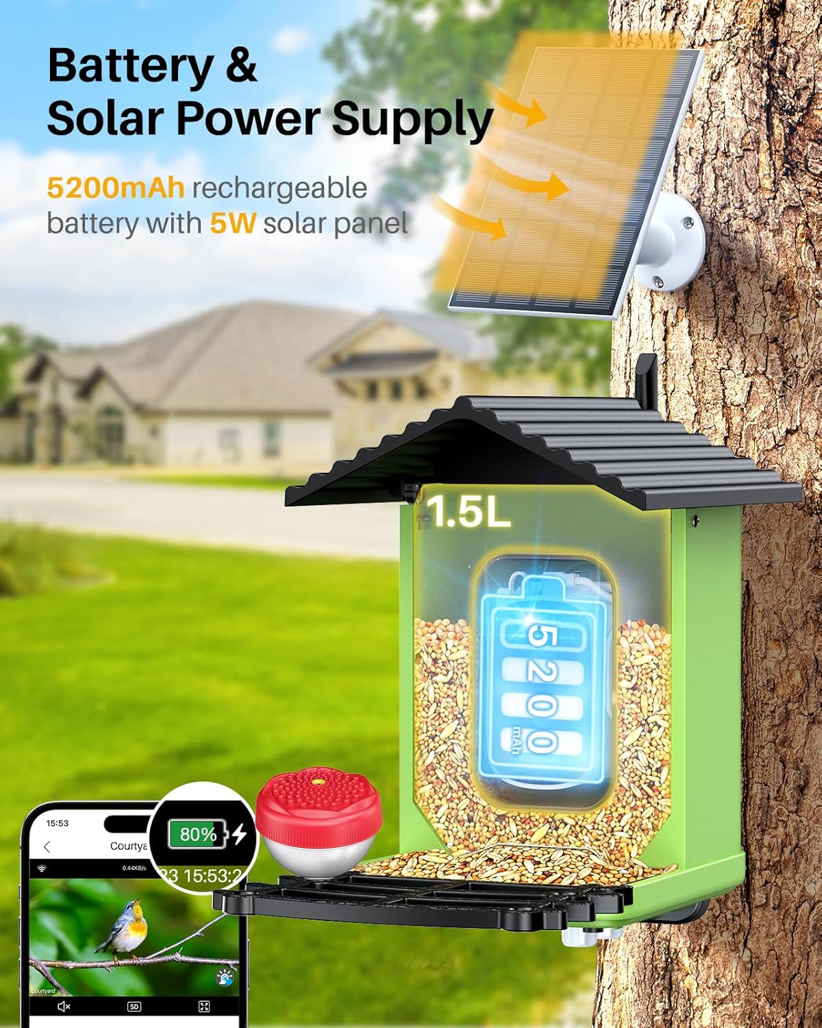 Bird Feeder with Camera, 2K HD AI Identify Smart Bird House Camera with Solar Po