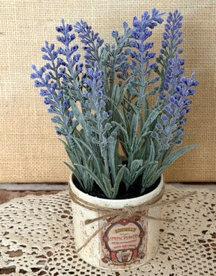 SMALL 8 1/2'' ARTIFICIAL PURPLE LAVENDER FLOWERS IN TEXTURED LITTLE POT W/ LABELS