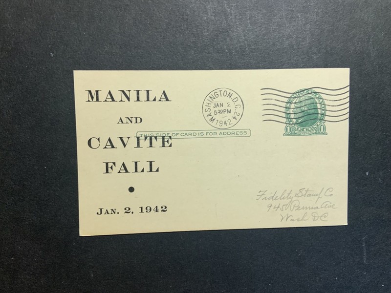 USA 1942 card with Manila and Cavite Fall cachet by  ? Washington DC cancel