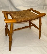 Vintage MCM Maple Wooden Chair Bench Stool Woven Rush Seat Farmhouse Appeal