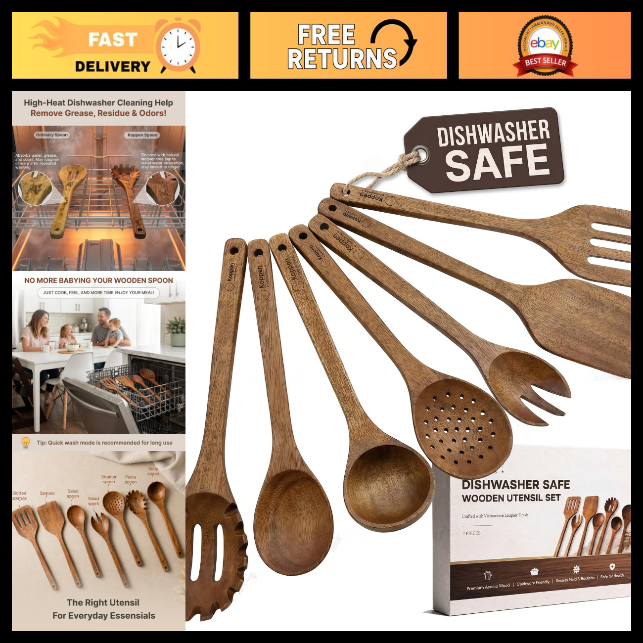 7-Piece Acacia Wood Kitchen Utensils Set - Dishwasher Safe, Non-Toxic, Durable f