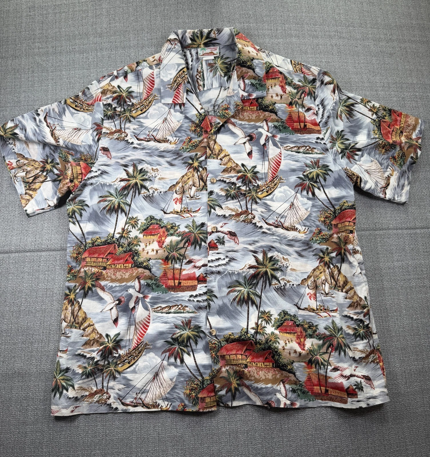 Evergreen Camp Shirt Mens 3XL Multicolor All Over Print Button Up Beach Hawaiian
