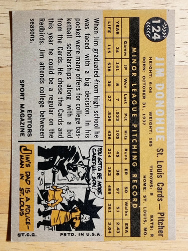 1960 Topps #124 Jim Donohue RS RC (VGEX) - Picture 2 of 2