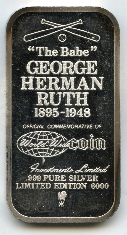 George Herman Babe Ruth 999 Argento 1 Oncia Artistico Barretta Lingotto Medaglia - Immagine 2 di 2