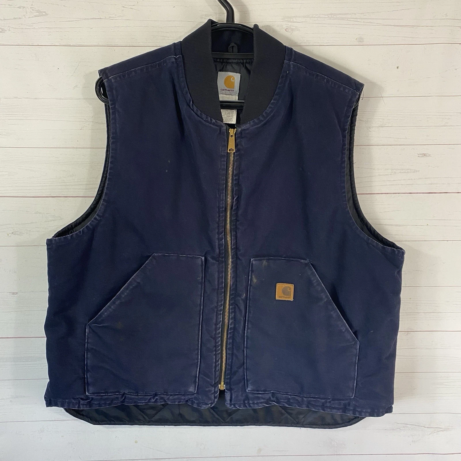 Vtg Carhartt Mens Lined Canvas Work Vest XL Blue Cotton Pockets Zip Front