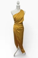 NWT DO+BE One Shoulder S Satin Marigold Draped Maxi Dress Gold Yellow Goddess
