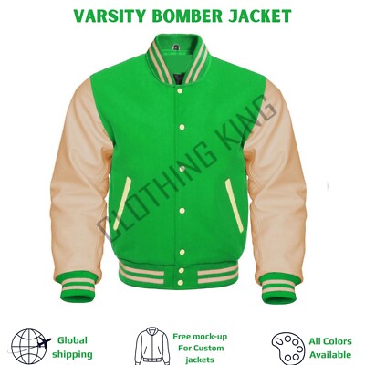 Letterman  Varsity Bomber Kelly Green Wool & Genuine Cream Leather Sleeve Jacket