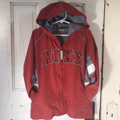 Nike Spellout Windbreaker Youth Hooded Jacket Red Gray "Just Do It" Size 6 Retro - Picture 7 of 23