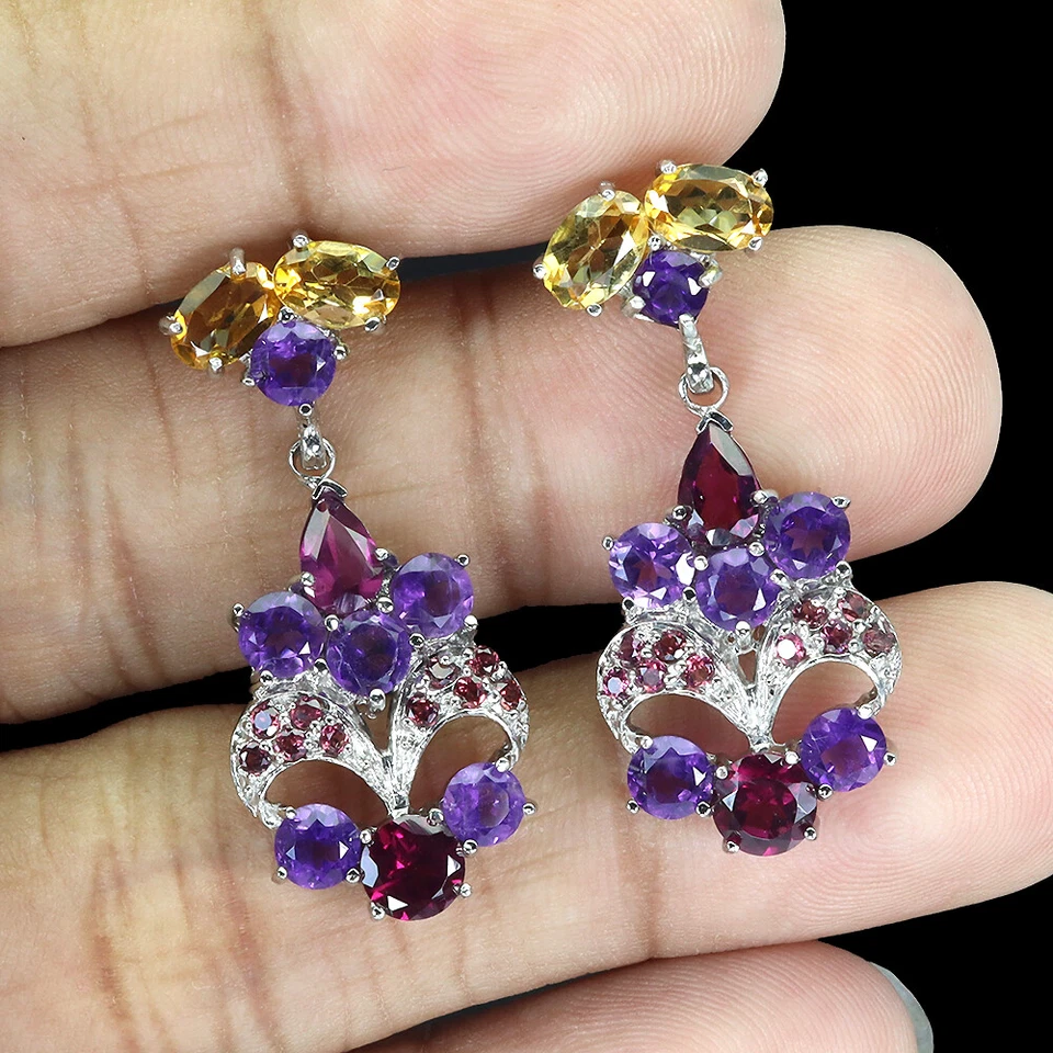 Estate 925 Orecchini Argento Ovale Citrino Ametista Granato Naturale Gemma Jewel - Immagine 2 di 4