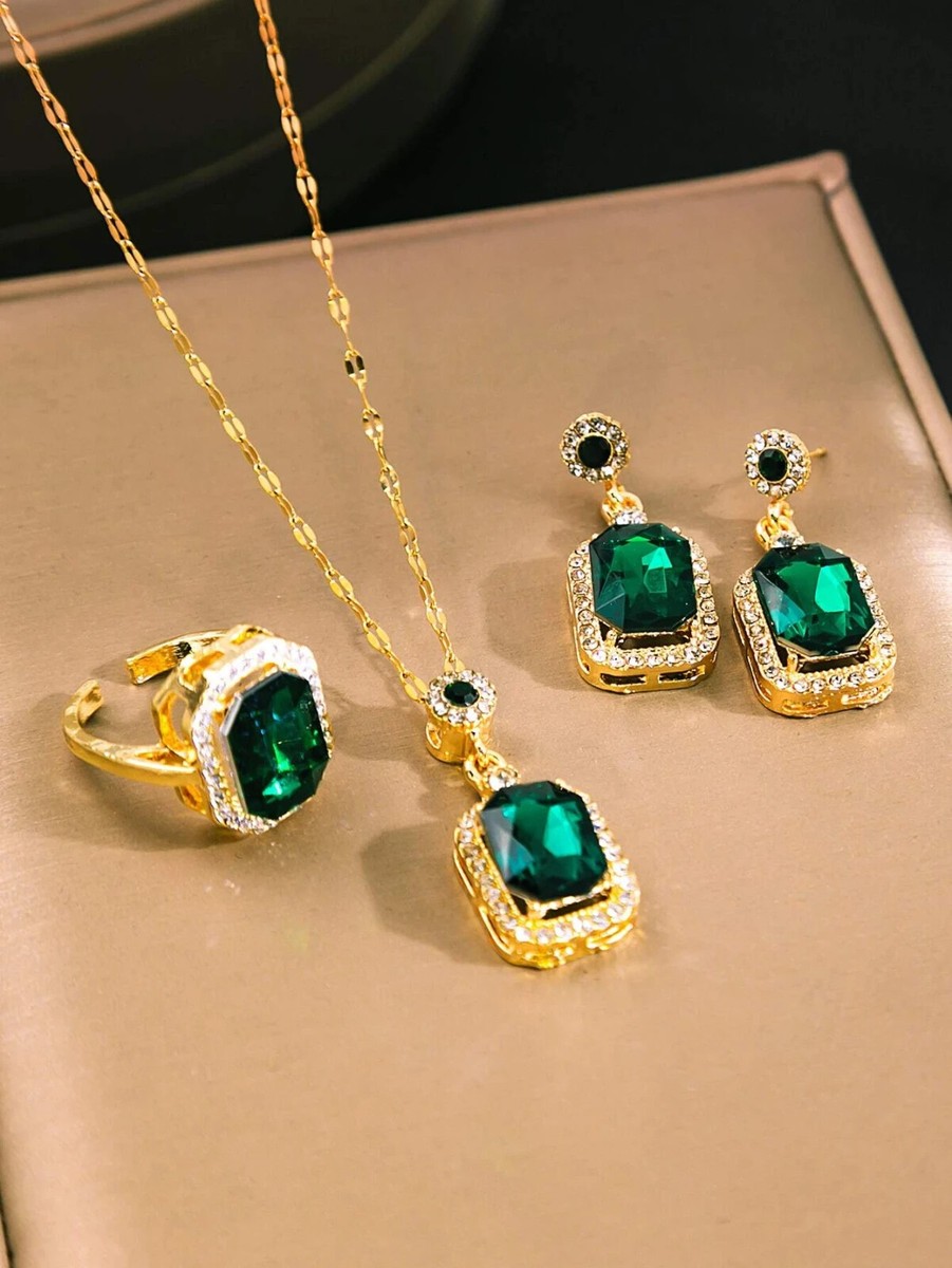 18k Gold Plated Ring, Necklace & Earrings Lab-Created 18k Gold Plated Ring, Necklace & Earrings Lab-Created