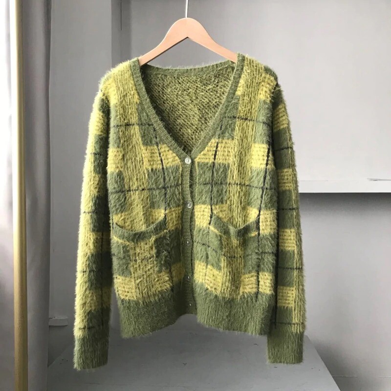 Plaid Fuzzy Button Up Cardigan Hippie Mohair Checkered V