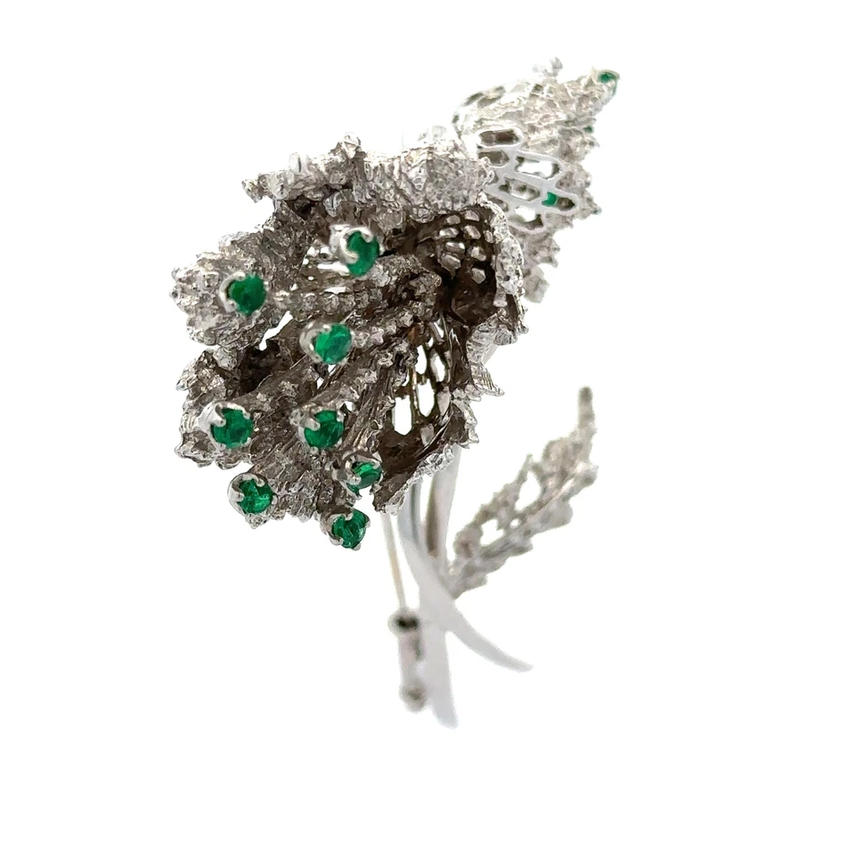 Vintage Solid White Gold Emerald & Diamond En Tremblant Flower Pin Brooch - Image 4 of 4