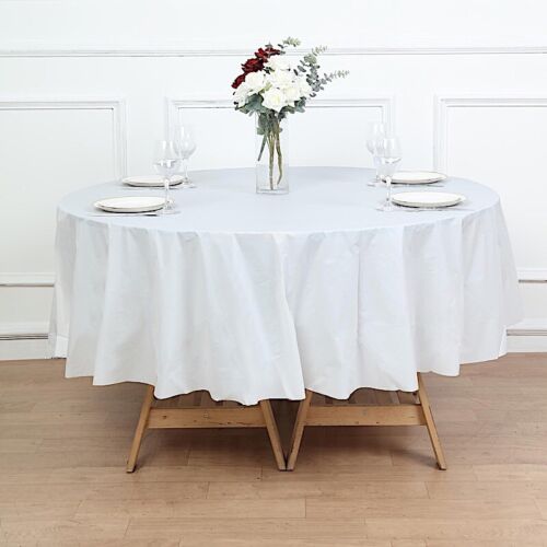 White ROUND 84" Disposable Plastic Tablecloth Table Cover Affordable Wholesale - Picture 1 of 8