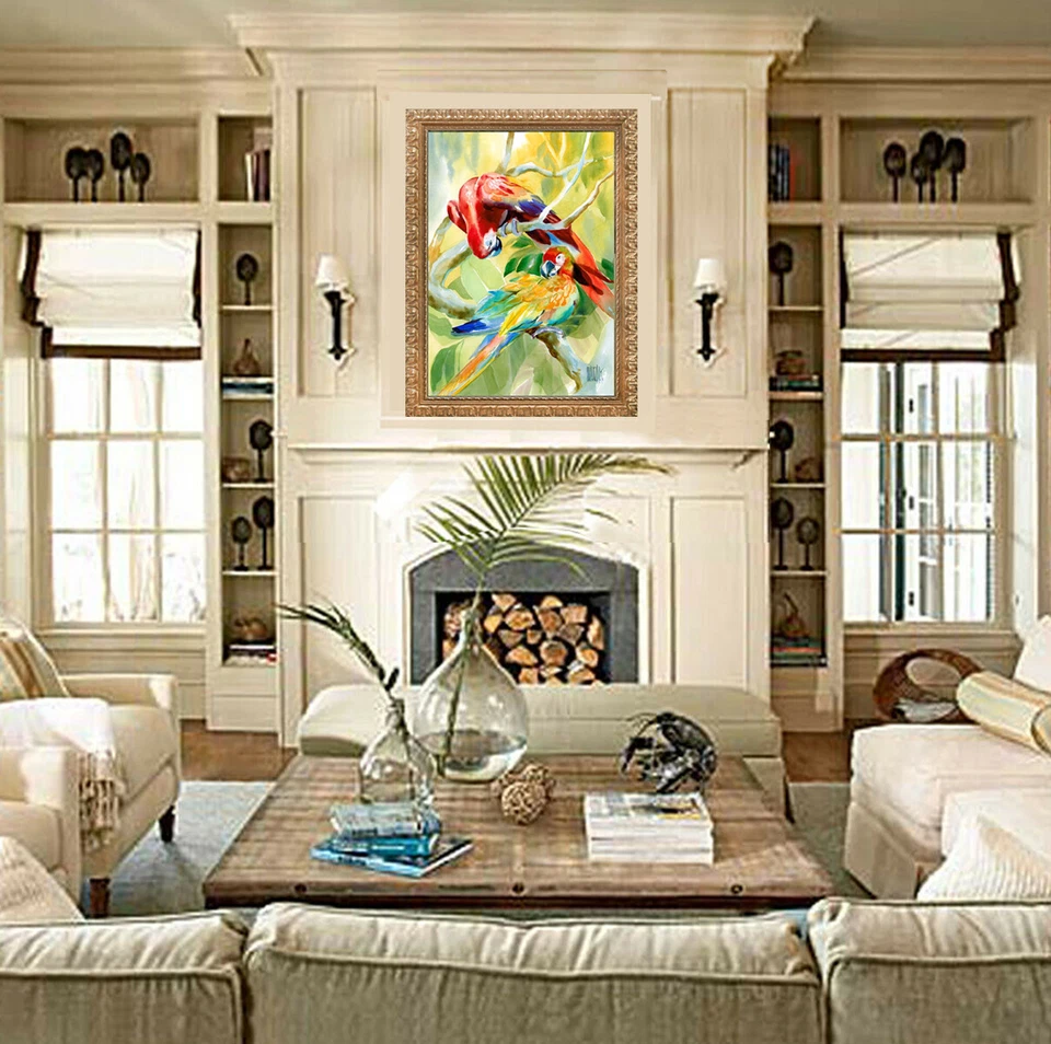Papagaios ROMANCE TROPICAL pintura a óleo giclée 20x28 tela emoldurada **VENDA - Imagem 2 de 4