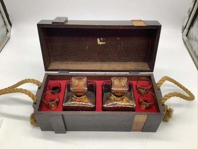 Treasure Chest Bar Set of 2 Amber Glass Decanters + Shot Glasses