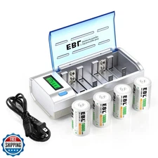 EBL D Cells 10000mAh Rechargeable Batteries (4 Counts) with C D 9V AA AAA Bat
