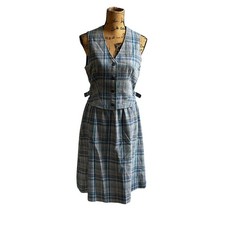 VTG 60s 70s Blue Gray Plaid Wool 2 Piece Skirt Vest Career Suit Women s XS/S