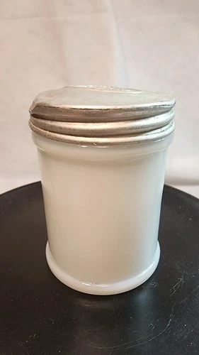 Milk Glass Vintage Watkins Milk-Glass Jar with metal lid, Art Deco Hazel-Atlas