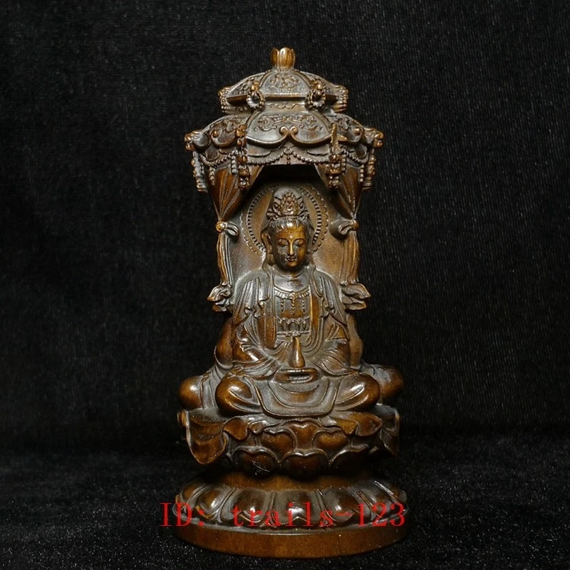 Antigua estatua china de Buda Avalokitesvara Kwan-yin de boj tallada a mano H 10 CM Foto 3 de 4
