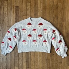 Womens Grey Santa Face Fuzzy Holiday Christmas Sweater Size S