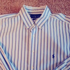 VTG Ralph Lauren Button Down Men 17.5 34/35 Purple Yarmouth Cotton Striped Shirt