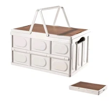 Collapsible Storage Bin with Handles and Wooden Lid Large Capacity Stackable