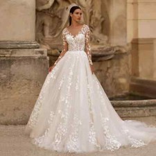 Scoop Neck Tulle Wedding Dresses Long Sleeve Applique Backless Bridal Gowns New