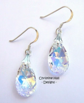 CHRISTINE HALL DESIGNS Sterling Silver Swarovski Elements CRYSTAL AB Pear Teardrop Hook Earrings + Box