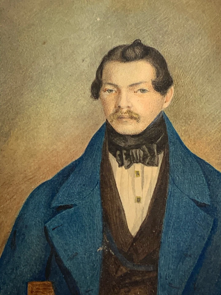 Antiguo retrato acuarela arte popular miniatura siglo XIX pintura joven firmado Foto 4 de 4