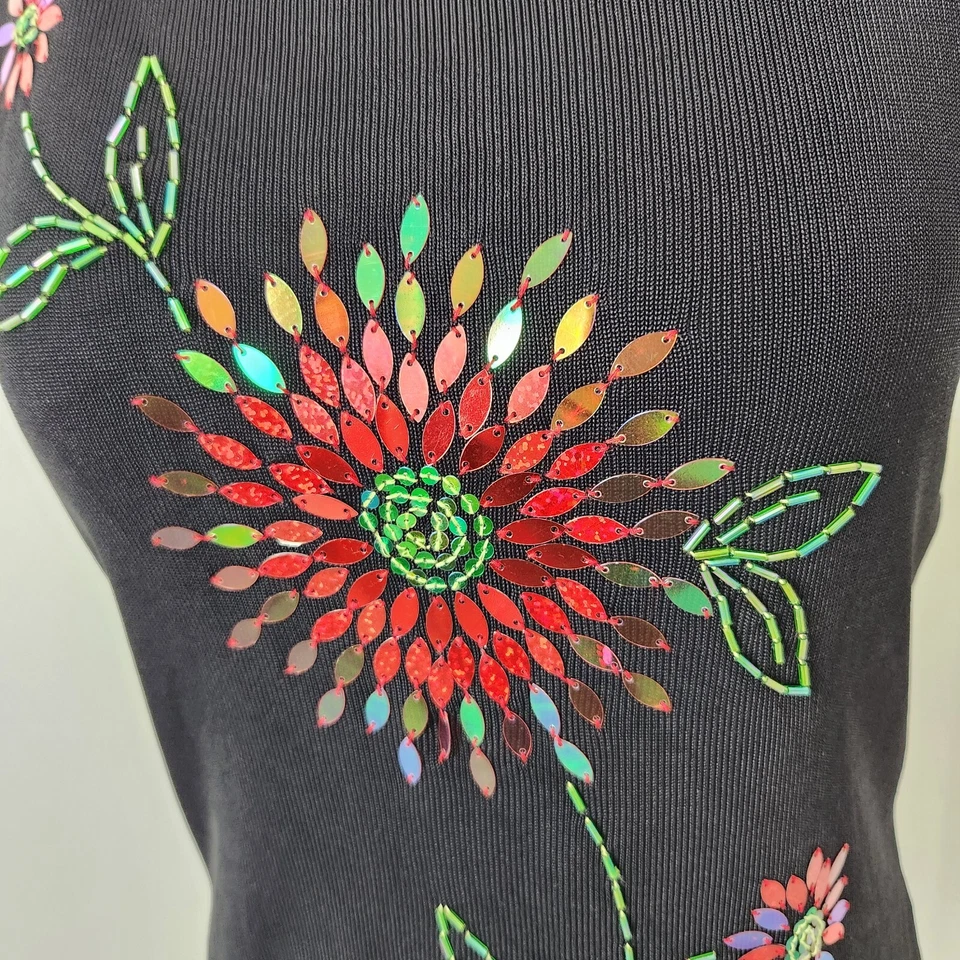 Sweater Works Top Womens M Black Sequin Floral Vintage Beaded Sweater 90s Cute - Изображение 3 из 4