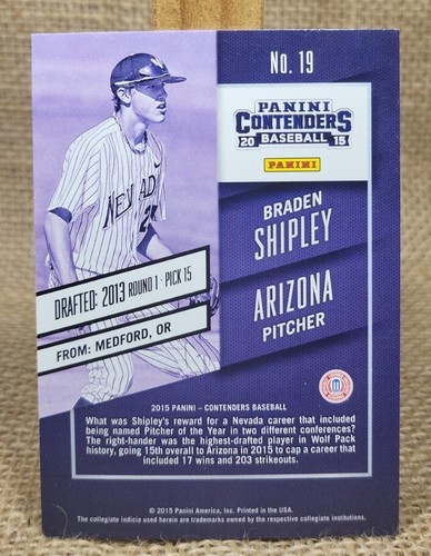 2015 Panini Contenders Braden Shipley Season Ticket #19 Nevada Diamondbacks A3 - Picture 2 of 2