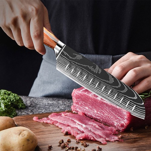 12PC Red Japanese Kitchen Knives Laser Damascus Pattern Chef Knife Set - Picture 4 of 20