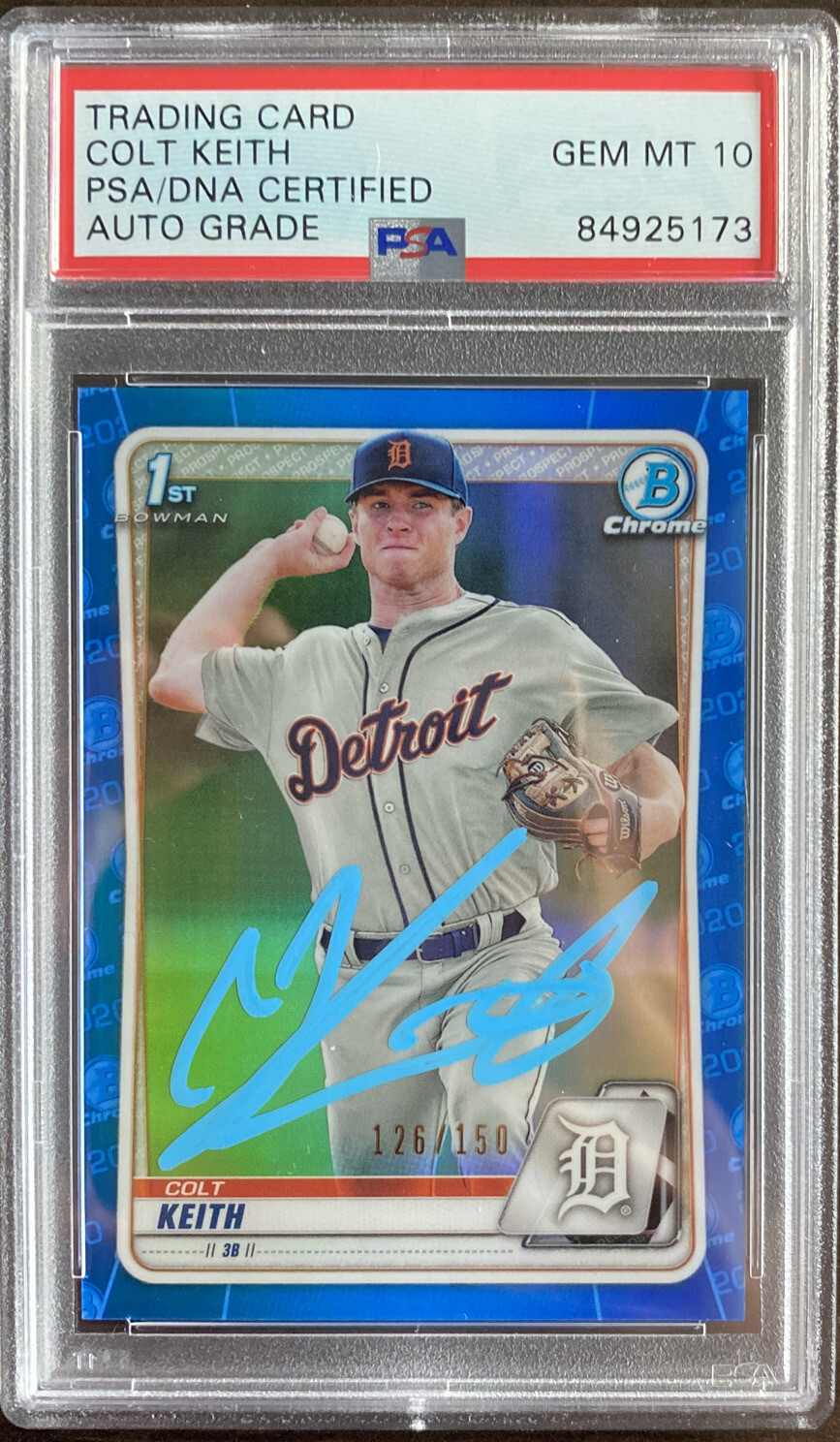 2020 Bowman Chrome Colt Keith Blue Refractor /150 signed Card PSA GEM 10 Auto