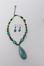 Statement Necklace and earring set turquoise chip beads millefiore dyed howlite