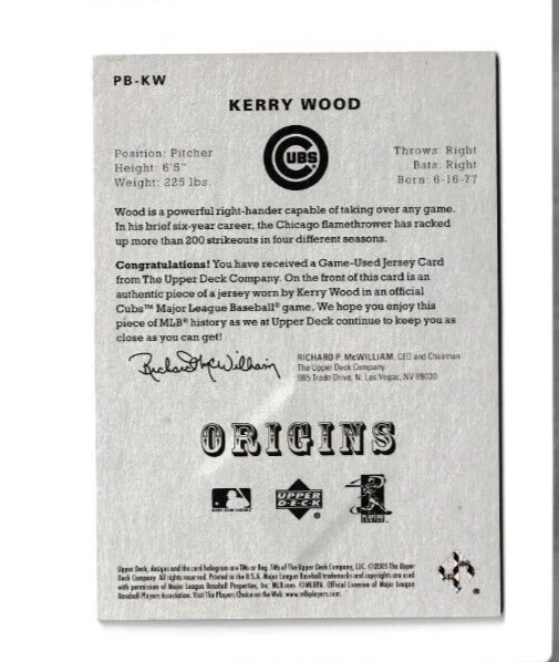 GU JERSEY (gray) KERRY WOOD 2005 UD Origins MATERIALS #PB-KW Cubs MINT - Image 2 of 2